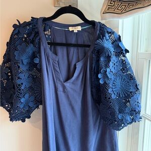 Umgee Navy Crochet Sleeve Blouse